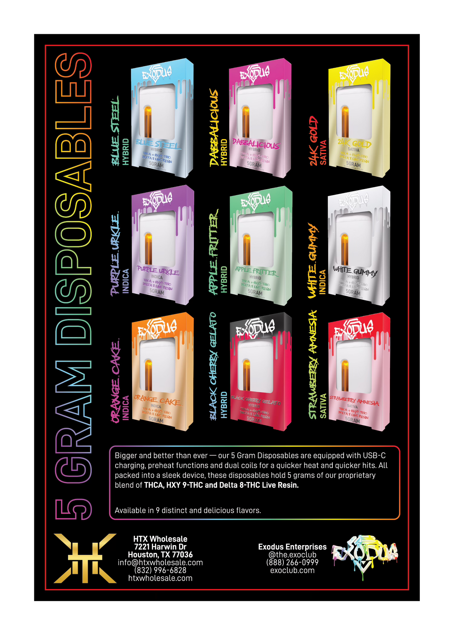 Exodus 5g THCA + HXY9 - THC Delta 8 Live Resin Disposable | Pack of 6